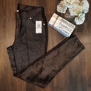 Michael Kors Velvet Slim Ankle Pull On Pants Shimmer Coated Black Gold NWT